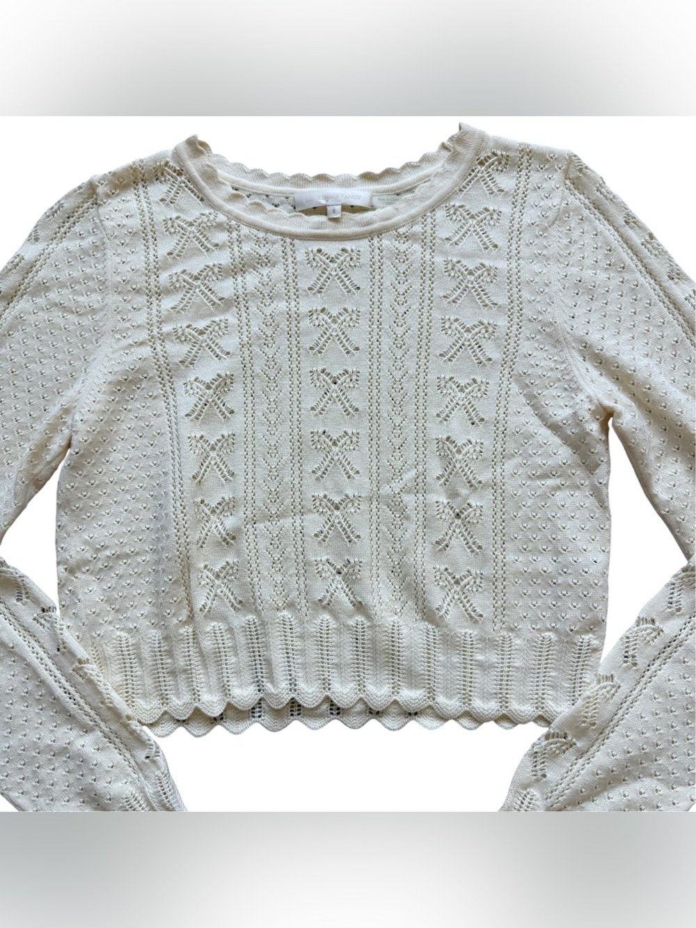 LoveShackFancy Sinfonia Cropped Pullover Cream Pointelle Bow Knit Sweater Small - Picture 5 of 13